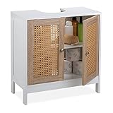 Relaxdays Waschbeckenunterschrank, 60 cm breit, 2 Fächer, Siphon-Aussparung, Rattan-Türen, Badunterschrank, weiß/Natur